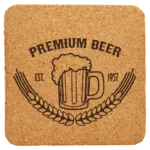 CST42 Set of custom laser engraved square cork coasters showing engraved design, natural cork