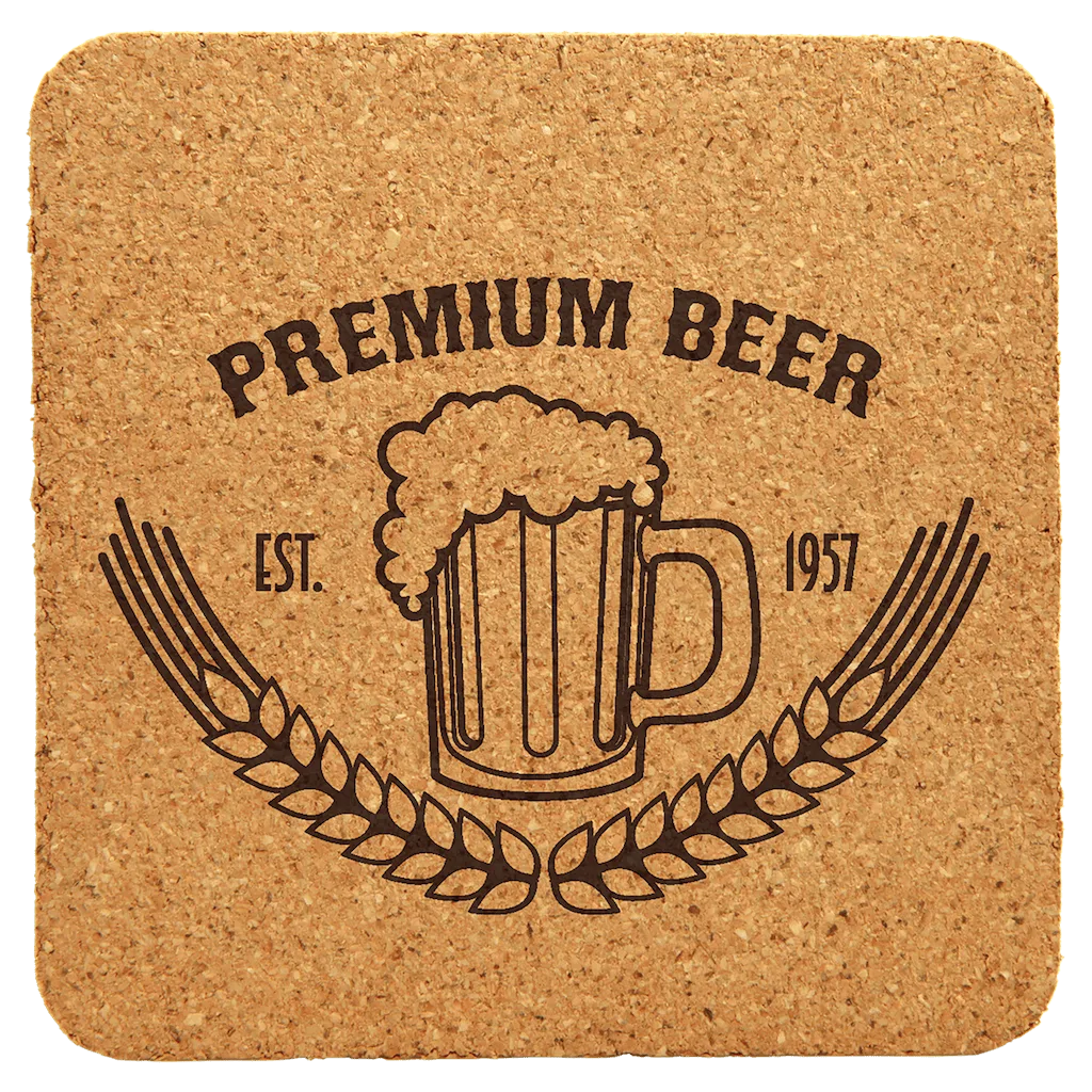Set of custom laser engraved square cork coasters showing engraved design, natural cork