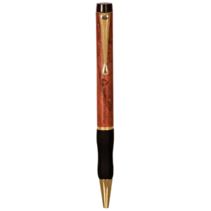 Personalized laser engraved rosewood rollerball pen with gold accents and black rubber grip