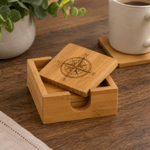 Personalized Bamboo Coaster Set of 4 with Holder — Custom Laser Engraved