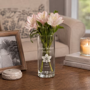 Personalized laser engraved flower vase with custom name and floral arrangement