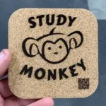 IMG_1784 Close-up of laser engraving detail on 4-inch square cork coaster, made in USA