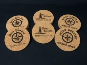Personalized laser engraved round cork coasters with custom design, set of 4, made in USA