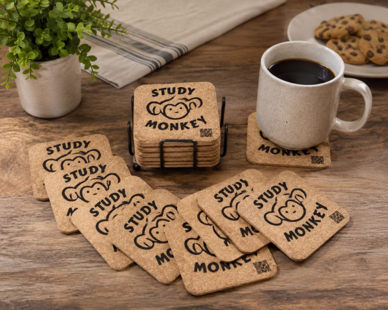 square coasters staged photo Personalized laser engraved square cork coasters with custom monogram, set staged on wooden table