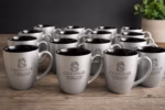 Chandler staged bulk lazermugs Bulk order of personalized laser engraved 16oz Bistro LazerMugs — custom corporate gifts and employee appreciation mugs
