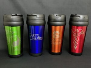 metallic finish travel mugs showing 4 colors